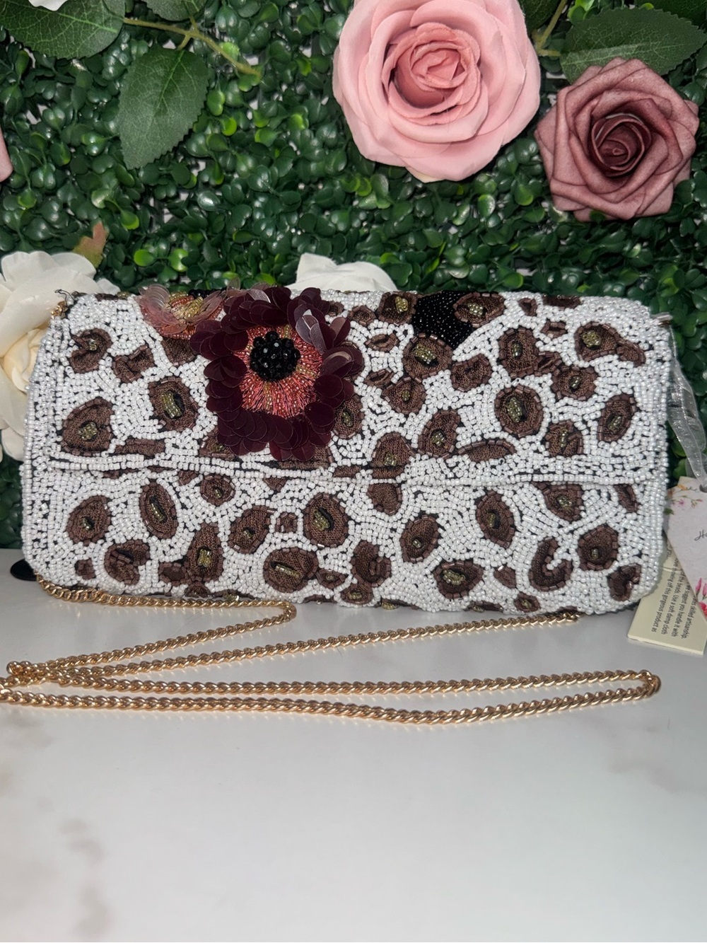 Hand Crafted In India Bead Leopard Print Bag NWT